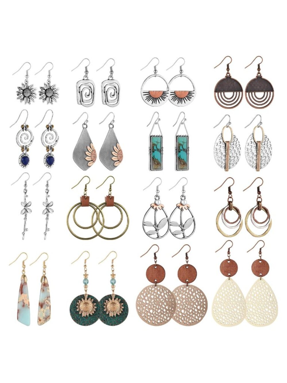 Boho Dangle Earrings Set Wood Leather Alloy Drop Geometric Sunflower